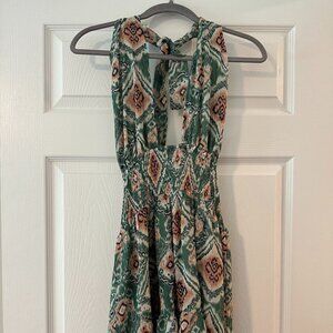 Cider Green Patterned Halter Tie-Back Mini Dress – Size L